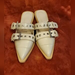 Pointed Double-Buckle Slide Mules in Cream